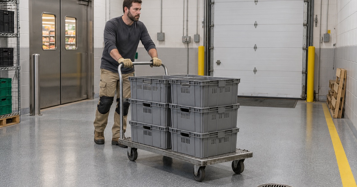 A flat cart of empty crates pushed across the coated receiving room of a Waukesha grocery store.