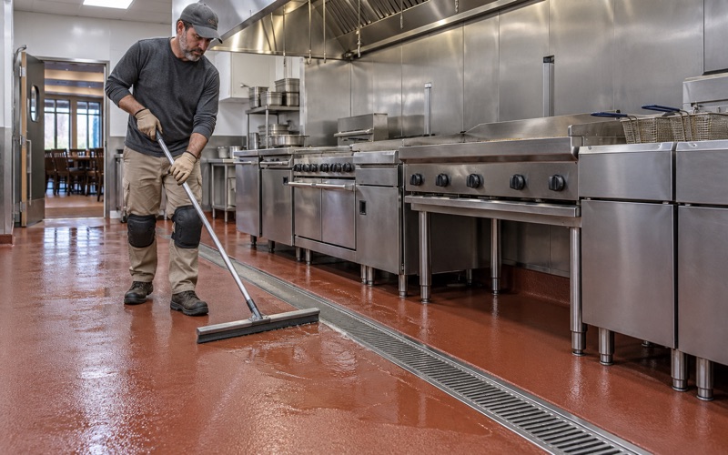 Wash water squeegeed toward a trench drain across a sloped, coved urethane cement floor in a Waukesha restaurant kitchen.