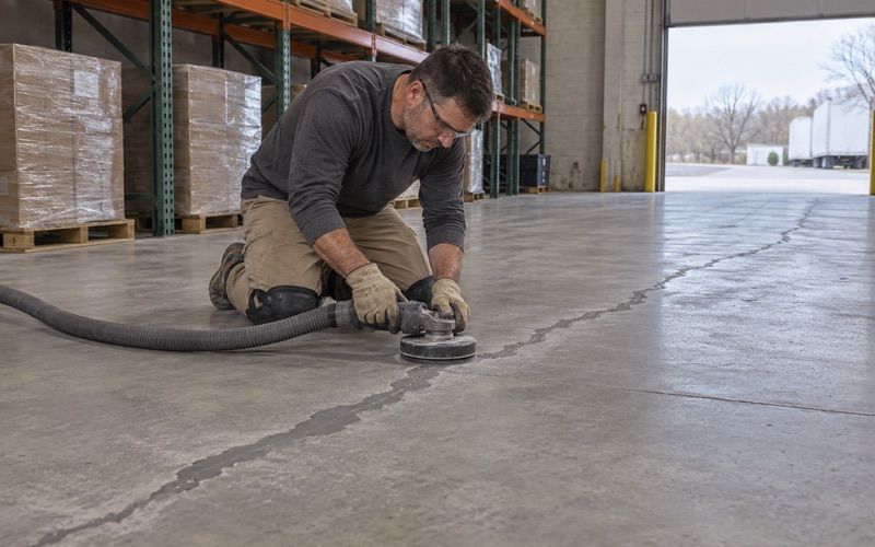 A routed and filled crack ground flush before coating on a warehouse floor in a Waukesha industrial park.