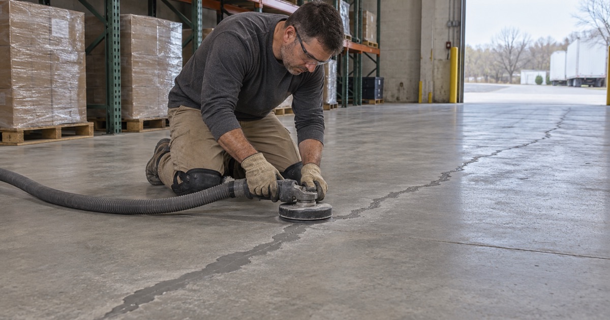 A routed and filled crack ground flush before coating on a warehouse floor in a Waukesha industrial park.