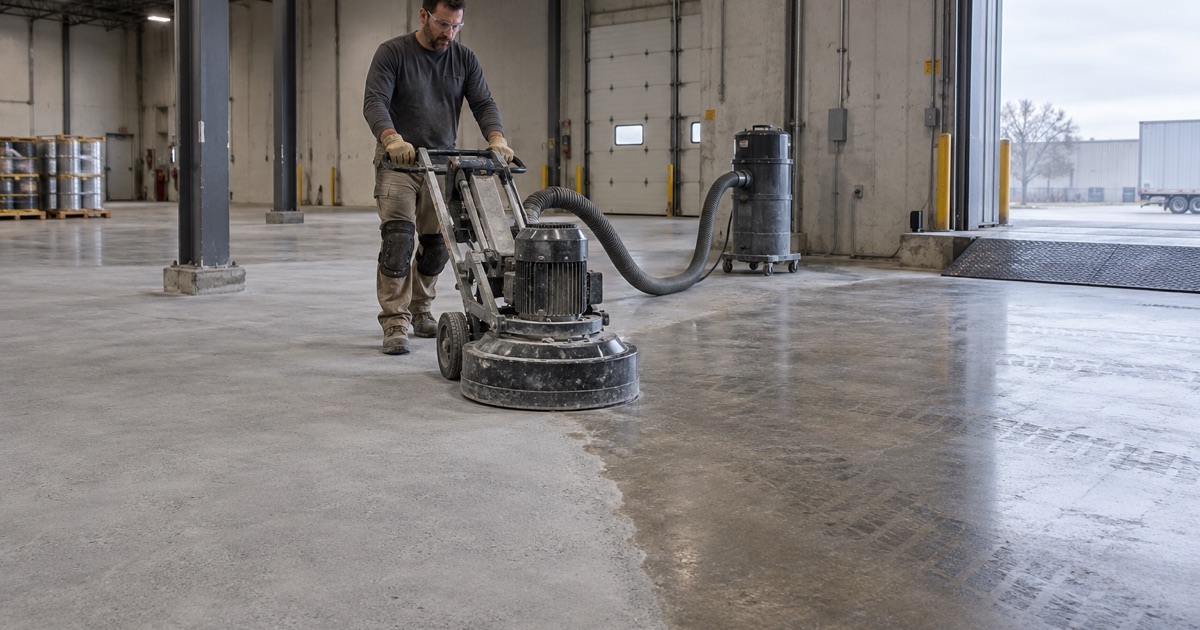 A walk-behind planetary grinder opening up an old sealed slab in a Waukesha warehouse before coating.