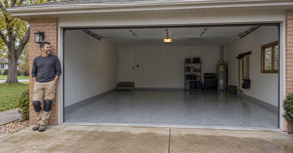 A finished gray flake floor in the attached garage of a Waukesha brick ranch, its installer leaning in the doorway.