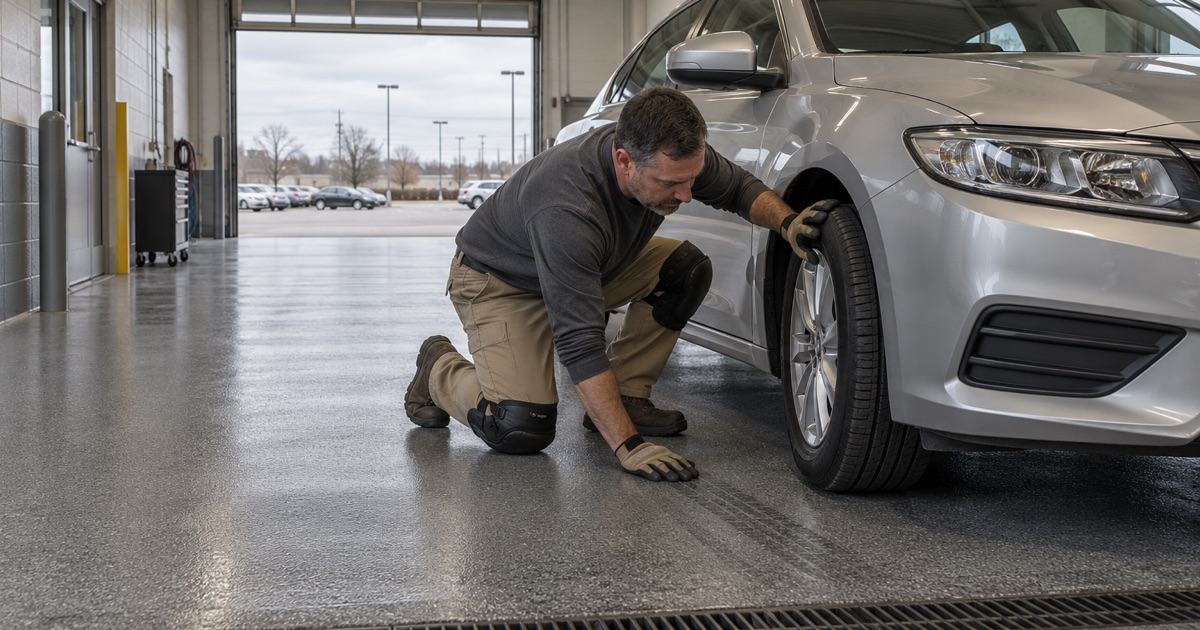 A sedan parked on the coated write-up lane of a Brookfield dealership service drive, where road-warm tires land all day.