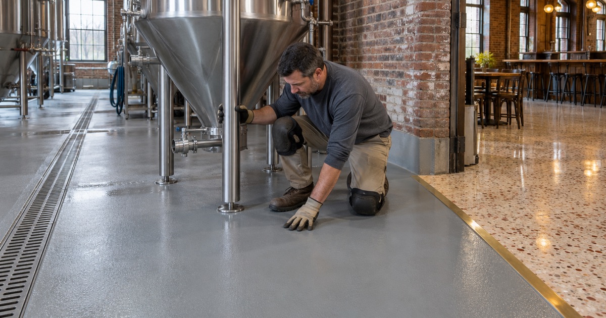 A resin brewhouse floor that stops at the 1926 terrazzo of the taproom in Burlington’s old interurban depot.