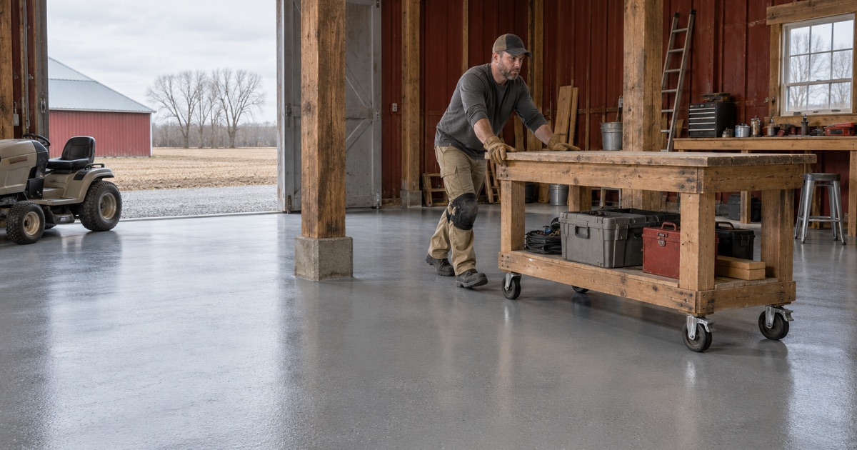 A new coated concrete floor in an old Germantown farm building being fitted out as a shop