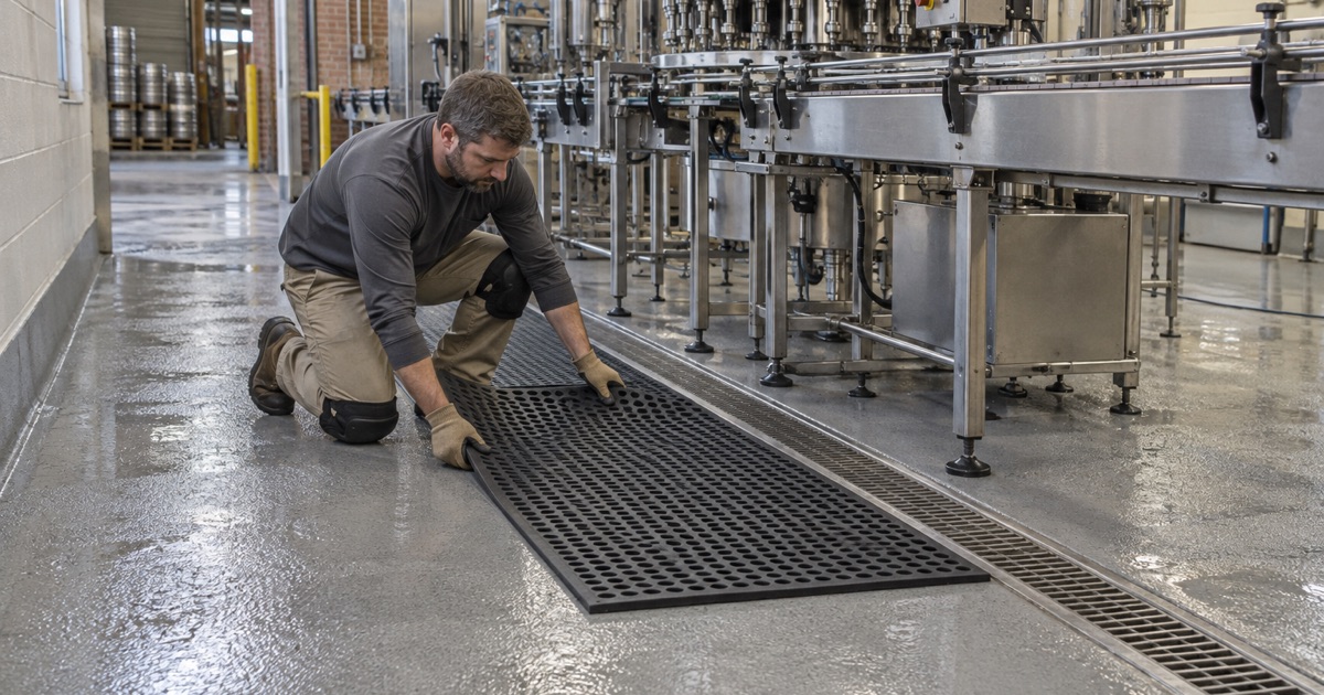 A perforated rubber standing mat laid on a textured coated floor at the filler of a Glendale beverage plant.