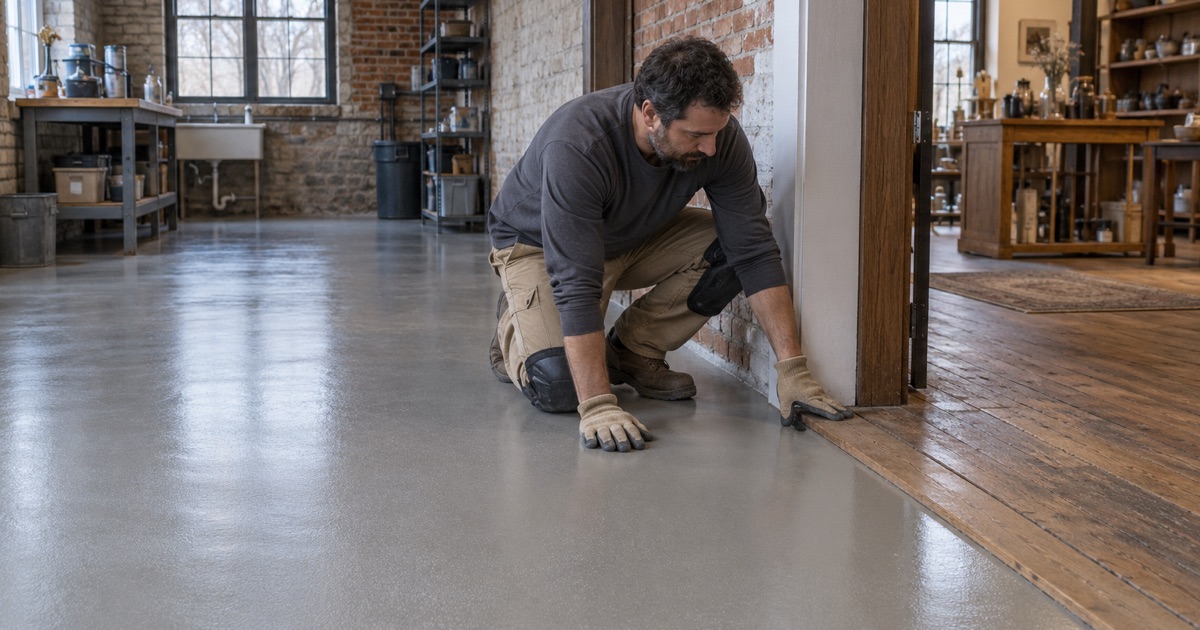 A coated back-room floor meeting the old wood floor of a downtown Grafton shop at the doorway