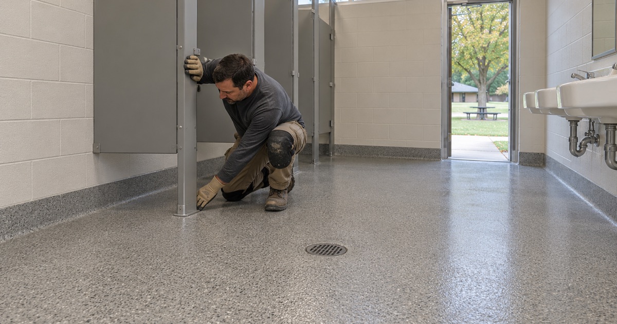 A seamless resin floor carried four inches up the wall in a new Greendale park restroom.