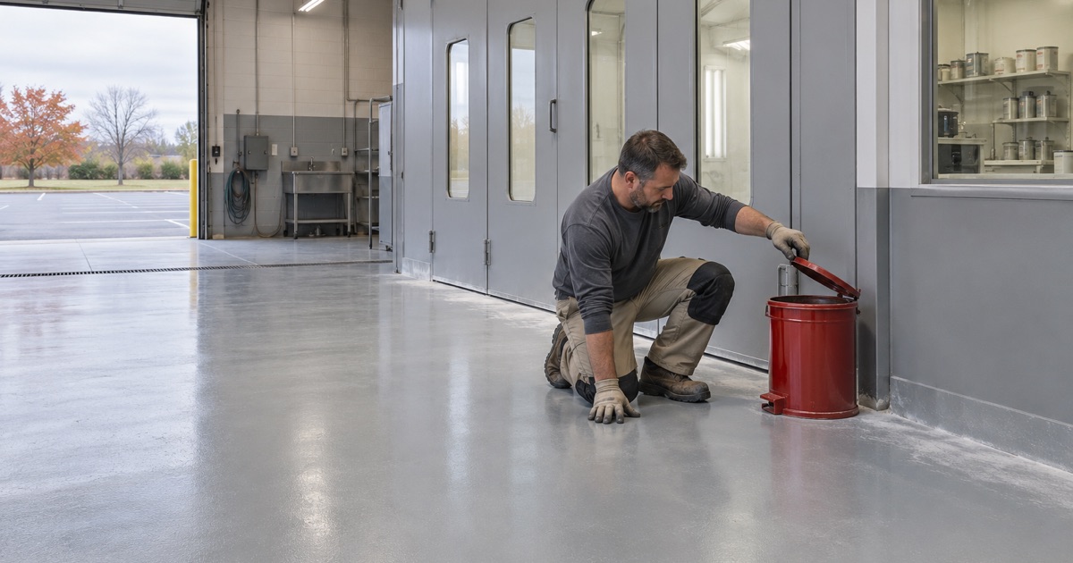 Overspray residue cleared from the hard, solvent-resistant floor beside the paint booth of a Hales Corners collision shop.
