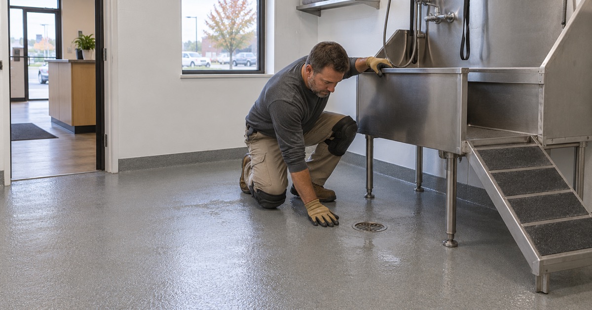 A slip-resistant coved floor in the dog-wash room of a Hartford grooming shop