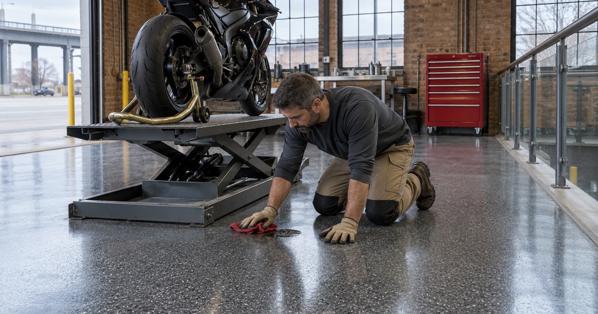 A spill wiped up on the coated floor of a race-prep shop in Milwaukee’s Martin Drive neighborhood, where visitors watch the work.