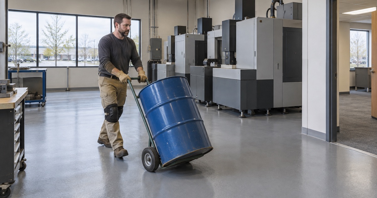 A drum of dielectric oil wheeled across a new oil-resistant floor beside EDM machines in a Menomonee Falls mold shop.