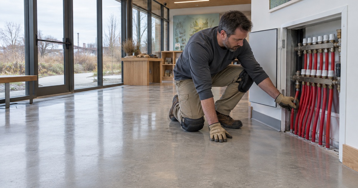 A thin coating over a radiant-heated slab at a Menomonee Valley nature center, the tubing loops rising to the manifold.