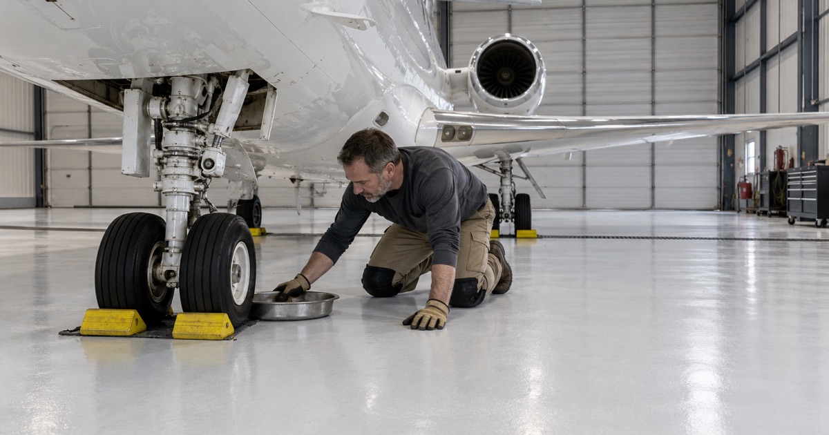 A drip pan slid under a business jet’s landing gear on the chemical-resistant floor of a Milwaukee hangar maintenance shop.
