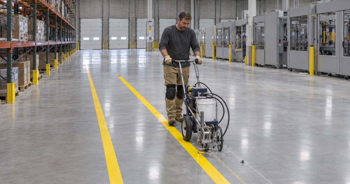 A walk-behind striper laying a yellow aisle line on a coated floor in a large New Berlin manufacturing plant.