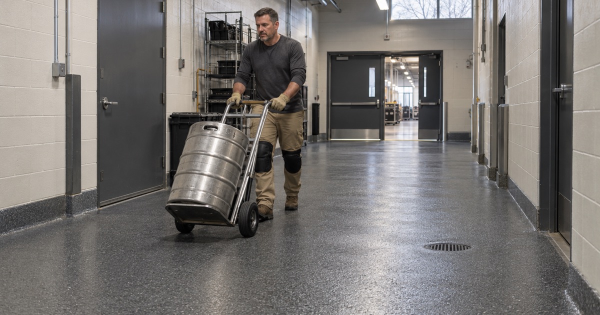 A textured back-of-house corridor floor in an Oconomowoc entertainment building