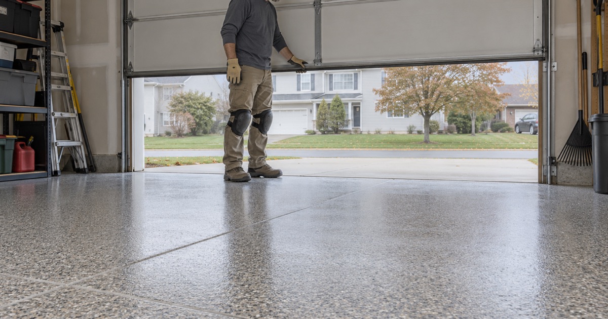 A flake coating laid over the existing concrete slab of a Sussex garage