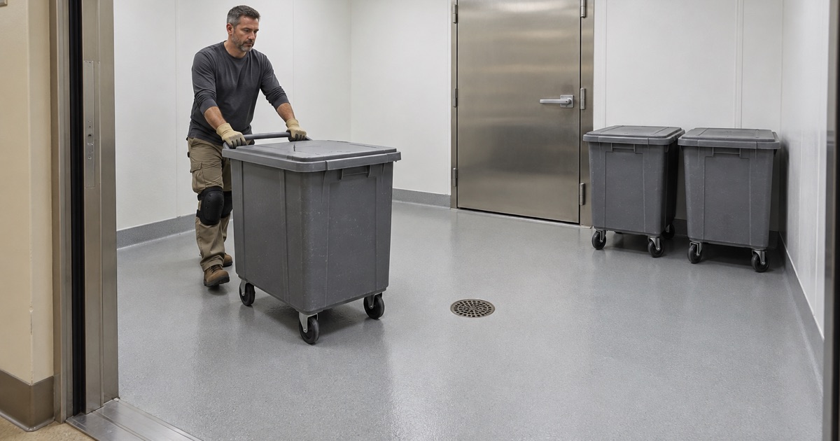 A lidded cart rolled into the seamless, coved infectious-waste holding room of a West Allis hospital.