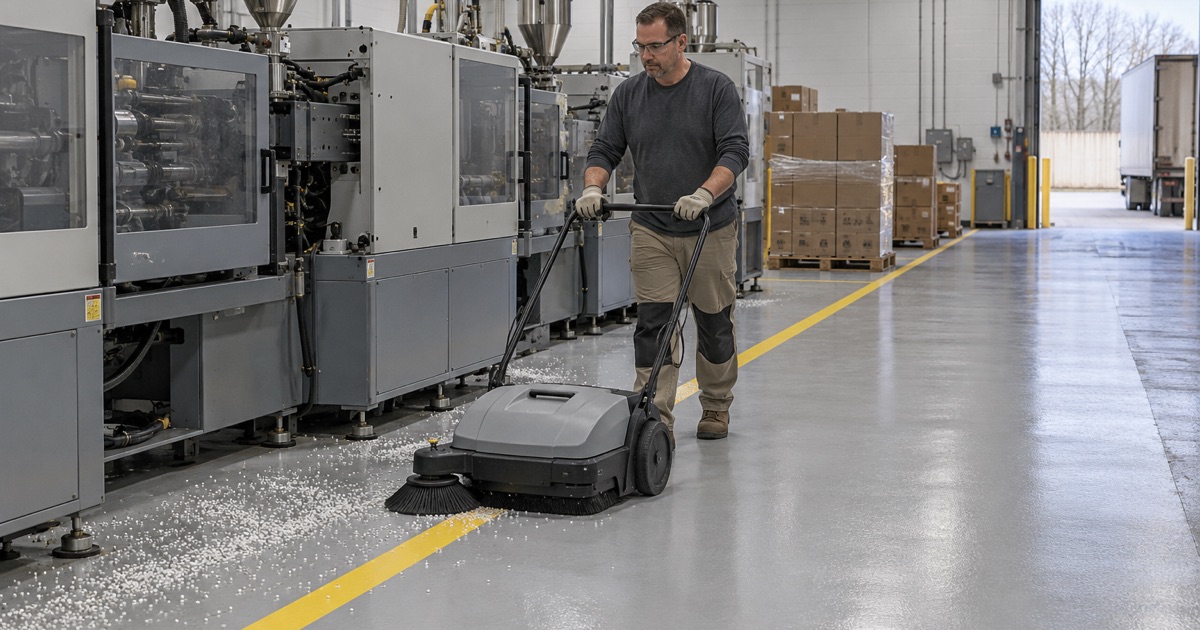 Spilled resin pellets swept off a textured floor beside injection-molding presses in a Whitewater plant.