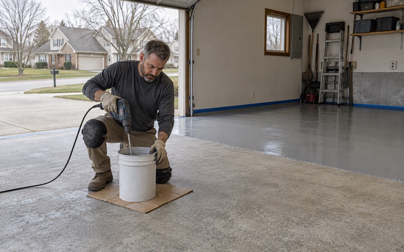 Base coat mixed at the doorway of a ground garage slab in a Waukesha two-story house, the first strip already spread.
