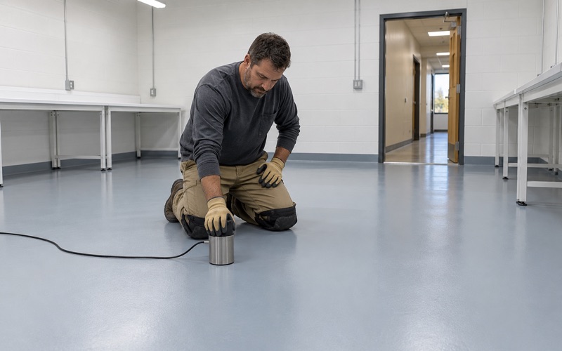 A test electrode set on a finished static-dissipative floor in an electronics assembly room in a Waukesha business park.