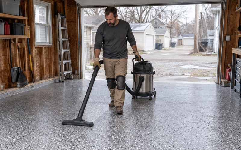 Loose chips vacuumed off a cured full-broadcast flake floor in the detached garage of an older Waukesha frame house.
