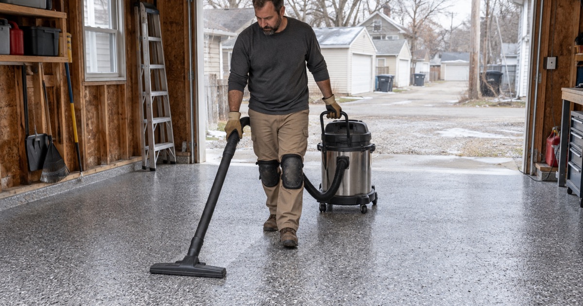 Loose chips vacuumed off a cured full-broadcast flake floor in the detached garage of an older Waukesha frame house.