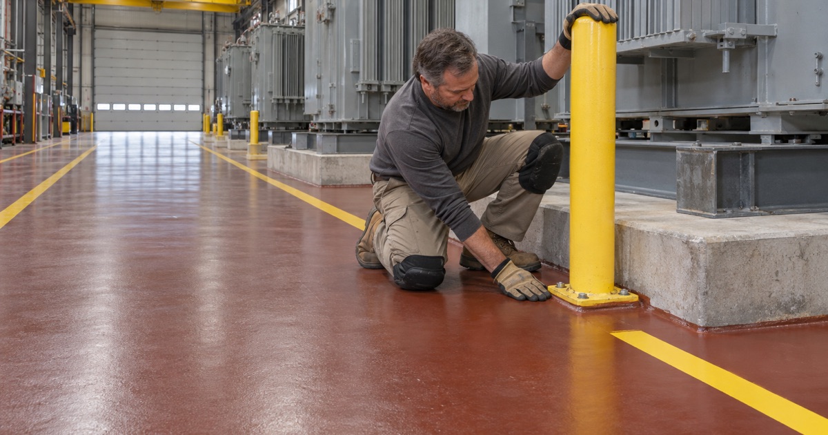 A heavy urethane cement floor sealed around a steel bollard in the high-bay aisle of a Waukesha transformer plant.