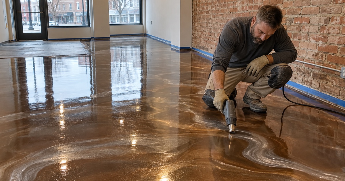 A heat gun drawing the silver and bronze pattern across a fresh metallic epoxy floor in a Waukesha showroom.