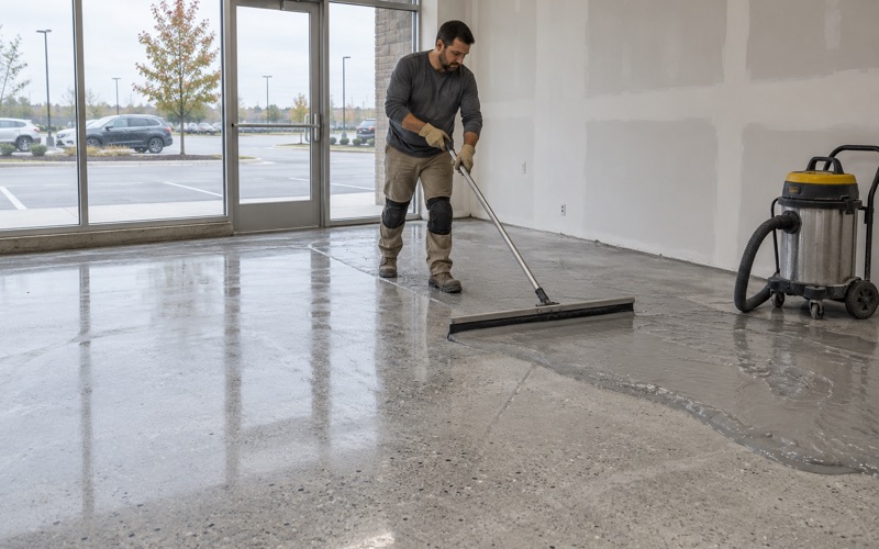 Honing slurry pulled into a pile on a half-polished concrete floor in a new Waukesha retail space, kept out of the drains.
