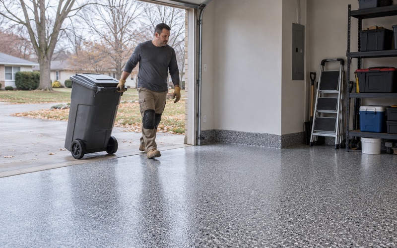A trash bin rolled back into a Waukesha garage the same afternoon its polyaspartic flake floor went down.